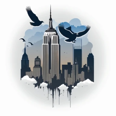 Empire State Building clipart with a New York City skyline background, featuring clouds and birds