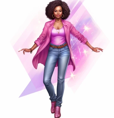 full body shot of smiling African American Black Girl Magic boss lady vector clipart vector illustration with transparent background, in the style of light indigo and light crimson, photo-realistic hyperbole, cluj school, transparent/translucent medium, detailed crowd scenes, light pink and light purple, gold and white