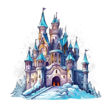 cute Winter castle clipart, Cartoon, high detail, illustration style, high solution, on the white background