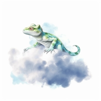 a realistic green gecko sitting on the top of some clouds, in the style of delicate watercolor, realistic usage of light and color, eastern brushwork, photorealistic gecko, fluffy realistic clouds, blue and white clouds, white background, clipart