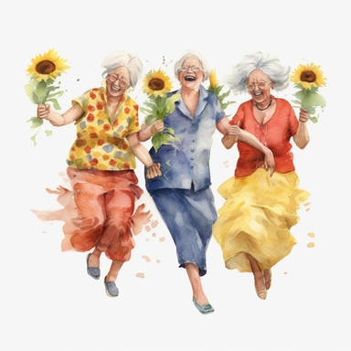 Watercolor Funny old ladies clipart . Women dancing,Sunflowers white background