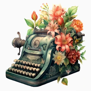 a watercolor enchanted old and used 1900 cash register profil view, enchanted collector's item surrounded by an arrangement of a number of dramatic extravagant saturated digital green 3D giant tropical flowers, in the style of large-scale photography, lush detailing, watercolor style, pastel colors, playfully intricate, made of flowers, bloomcore, clipart, transparent png background