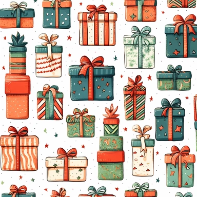 A cute gift boxes, wrapping papers, ribbons and decor. festive Xmas tiling. clipart in hand drawn illustration in white background.