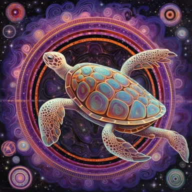 A oil painting of a turtle clipart with a surreal and fantastical design, floating in a starry sky with planets and comets. The turtle has a large body, a long neck, four wings, and a spiral tail. Its shell is covered with intricate patterns and symbols in glowing colors. The background is a dark purple sky, creating a contrast with the turtle’s luminous appearance. The painting has a magical and mysterious style, with an imaginative use of elements and colors. The perspective is from below, cre