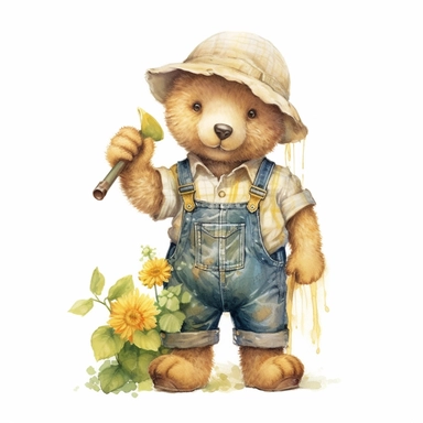 Adorable cute fantasy Teddy bear dressed like a farmer, nursery art, clipart image, lineart image, white background, very detailed, 8k