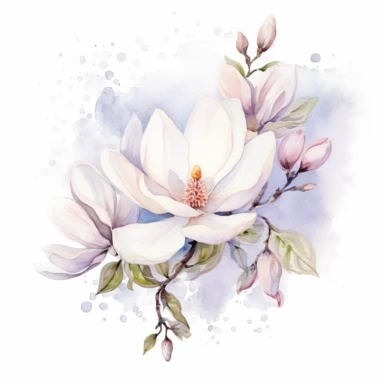 clipart magnolia, watercolor, white background, silver sequins