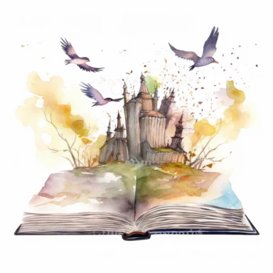 Watercolor Fantasy open Books Clipart with fantasy castlle, birds, the perspective is from a road from forest mistic look, magic colorful admosfere, hight quality white background