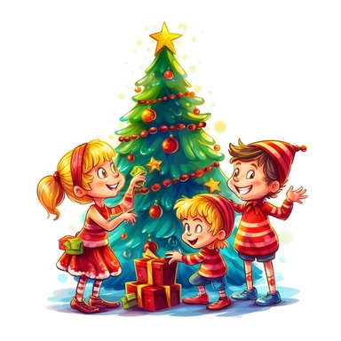 clipart digital svg cartoon of elves decorating the Christmas tree with the family, on a whte background no shadow