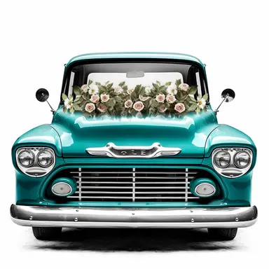 chevy pickup truck filled with teal roses in the back clipart,hd, white background