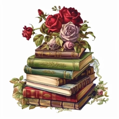 Clipart, vintage books with rose, hyper detailed, hyper realistic, marsh green/dark red, victorian era, watercolor, fantasy, amazing colour compilation, romantic colors, victorian style, white background,