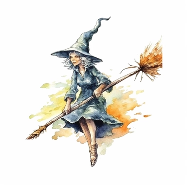watercolor style, Witch on the broomstick: A long, slender broomstick associated with witches and their transportation. clipart, isolated on white background, 4K