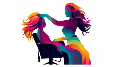 Bright Colorful Clip Art for Female Hairdresser of Hairdresser working on the hair of a female customer who is seated in Beauty Technician chair, 2D, Vector, Flat separated on white background