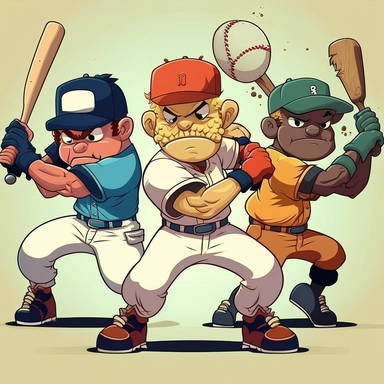 Create a picture of multiple cartoon baseball players showing off their skills, The players should be diverse in terms of their appearance, including skin color, hair style, and body type, clipart images, The image should be colorful and playful, with a white background, clip art, The 3rd render should showcase the excitement and energy of the scene