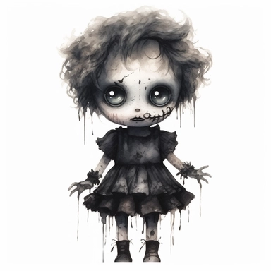 mystical dark scary watecolor evil doll clipart, full body, hd 4k, detailed, focused, isolated on white background