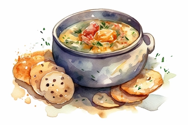 watercolor clam chowder with crackers clipart, hd, on white background, spaced out