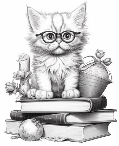 cartoon kitten with glasses sitting on books clipart illustration coloring pages, in the style of highly detailed realism, alson skinner clark, cluj school, david yarrow, jeremiah ketner, science-based, precisionist lines