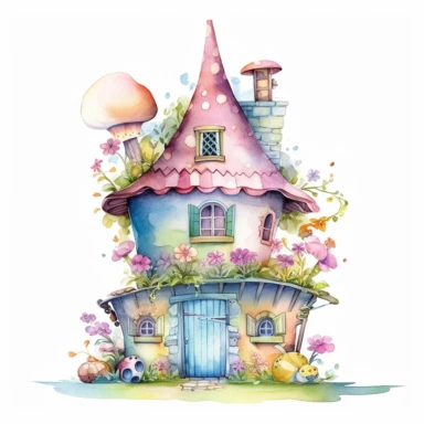 A whimsical watercolor summer cute fairy and fairyhouse, sublimation clipart, featuring cozy house, painted in soft pastel shades of blue, pink, green, and yellow, with intricate details such as flowers, vines, and shingled roofs, fine brushes, and various shades of pastel paint pigments, isolated on a white background, single object, print on demand image, PNG transparent background, white background for removing background - - no text shadow font watermark