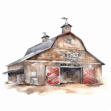 one watercolor clipart of horse barn on a white background, in the style of high quality photo, chalk, subtle details, rustic charm, die brücke, uhd image, arts & crafts, no watermark, text, 300 DPI , typography, shapes do not stick together, no text in the picture, on a white background