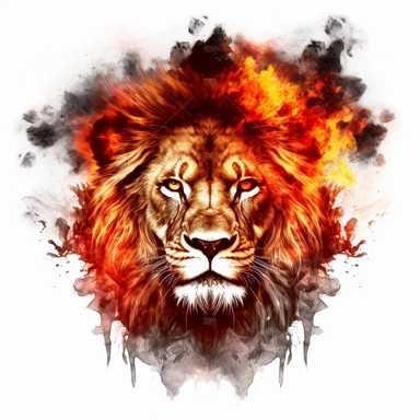 clipart of lion head, mane of burning flames, dark smoke background, on white background