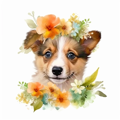 watercolor style, cute baby dog, smile, wear flower crown, white background, pixar style details Sublimation Clipart,hyper realistic, intricate detail, illustration style, isolated on white background for removing background