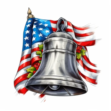 4th of July Patriotic Clip art of patriotic liberty bell, png Full body realistic cartoon in 32K UHD cute, 15 cm thick outline. Black color, 8k with realistic watercolors and detailed illustrations. PNG clipart, transparent white background
