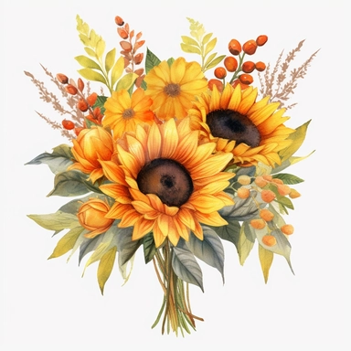 watercolour bouquet of sunflowers clipart, hd, detailed, earth tones, white background, spaced out