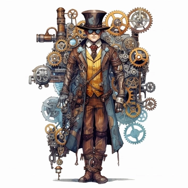 steampunk victorian prototype, full body, watercolor, gears, pinions, calipers, clocks, rivets, top hat, clipart, duo tone, realistic, ultra resolution, vivid detail, 8k, minimal watercolors, white background