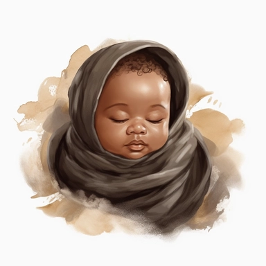 Watercolor cute new born black baby on a cute blanket, clipart, singel clipart, High resolution, beige color blanket, 8k