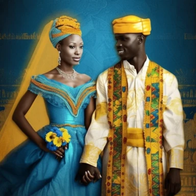 Create a cultural clipart of a wedding couple very close in love that represents [rwandan women in wedding dress] and [rwandan man in suit cultural ]. Use traditional clothing and accessories that are meaningful to each culture, and incorporate [bleu , yellow] and [green] to add visual interest and cultural significance to the design by Gil Elvgren , amazing photoshop background effect