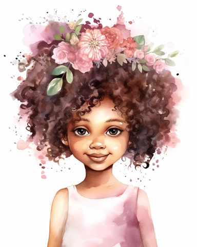 a little afro girl portrait in watercolor Disney style clipart on white background, hugh eyes, sarah kay, holly hobbies, valentines day