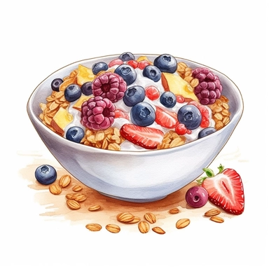 an enchanting watercolor, hyper-realistic clipart image with a white background and white margins, featuring a bowl of muesli with a medley of nuts, dried fruits, and yogurt. The ultra-detailed, hand-drawn elements capture the textures and colors of the ingredients. Use whimsical touches to add a touch of natural beauty, and bold shades of various colors to evoke the wholesome and nutritious nature of this cereal choice.