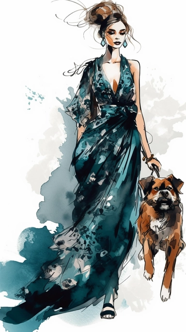 cute young high fashion woman wearing a Halston gown, walking her adorable little dog, vector clipart alcohol ink