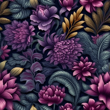 please create a seamless, vintage floral tiled pattern, variety of flowers in dark shades of indigo, plum, maroon, forest green, charcoal, 3d textured effect, uhd, 32k, vector, clipart,