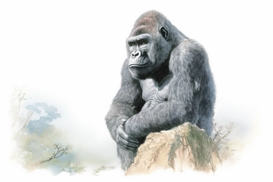 Clip art of gorilla, simple, White margins around the image, drawn by Helen Beatrix Potter, easy to crop image, white background