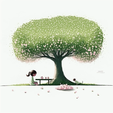 in the style of andreas rocha, Mary Blair, Gabriel Pacheco, Anastasia Suvorova, Jon Klassen, jo grundy, separated isolated single of picnic time under the sakura tree, abundant food, green grass, petals rain, wind blowing, flowers, tranquil and serene, white background, fantasy, magical, cute, white background, cozy, vector, clipart, elaborate, ultra-detailed, best quality digital illustration, well composed, vibrant colors, high definition, UHD