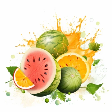 luscious summer melons with splashes of juice on white background. Clipart