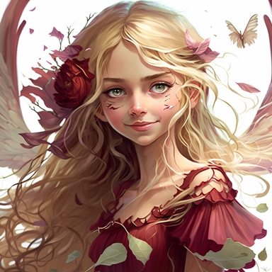lilly stone, beautiful smiling fairy with large wings, 10 year old girl with long blonde wavy hair, burgundy dress, big eyes, BENTE SCHLICK style illistration, sparklecore, flowers, hyper detailed, white background, mid shot, clipart