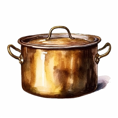 vintage brass cooking pot, watercolour and ink illustration, high quality, sharp image, clip art, white background