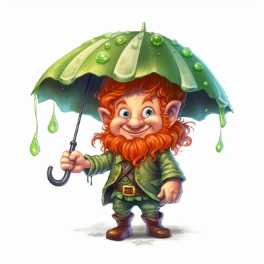 Cute Adorable magical little Leprechaun with a red beard holds laterally a huge umbrella in his hand wears a raincape and stand in the rain on a country road, correct umbrella, clipart, photorealistic illustration, high detail, 8k polished, 8k, vibrant colors, white background, sticker