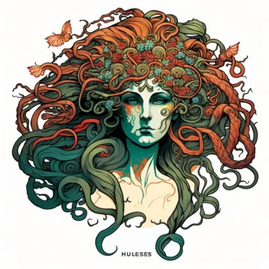 Medusa, art nouveau, bright colours, clipart, centred, white background