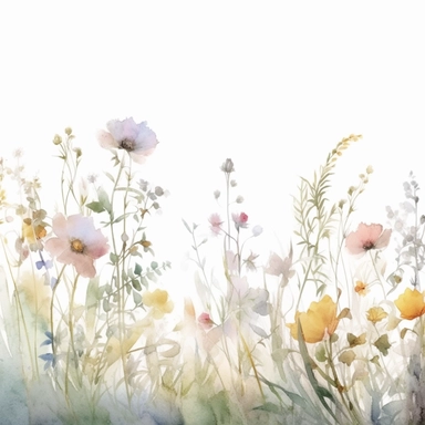 Watercolor soft and dreamy tones, soft watercolours, transparency and lightness, vertical layout of a single group, cluster of wild flowers and grass , soft, tonal colors, transparency and opacity, chinese watercolor, minimal retouching , vector, contour, isolated on white background, clipart set, spaced out, aspect ratio 16: 9