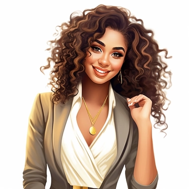 amazing businesswoman clipart, stylish, confident, and has the perfect smile. With her beautiful curly long hair, trendy colorful fashion clothes, gold jewels, and luscious fingers, gorgeous ebony light skin tone that makes her stand out, businesswoman clipart, white background