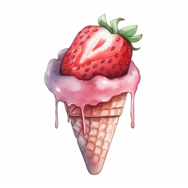one Strawberry ice cream Watercolor Clipart On a white background , detailed background elements, playful and colorful depictions , no watermark, text, words, paintbrush, typography, the images do not stick together On a white background , in the style of jane newland, detailed background elements, playful and colorful depictions , no watermark, text, words, paintbrush, typography, the images do not stick together
