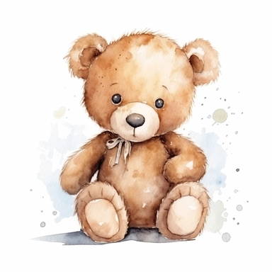 draw charming watercolor illustrations of a teddy bear, the same character in different situations siting watercolor, single object, watercolor illustration, cartoon clipart, white background for removing background