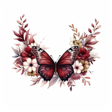 maroon butterfly on a flower border clipart, white background, watercolor, vector