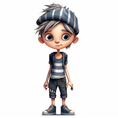 little boy doll style, thin black contour lines, jeans, sneakers, striped hat, spiky hair, cartoon, clipart, cute eyes, illustration for kids, disney,