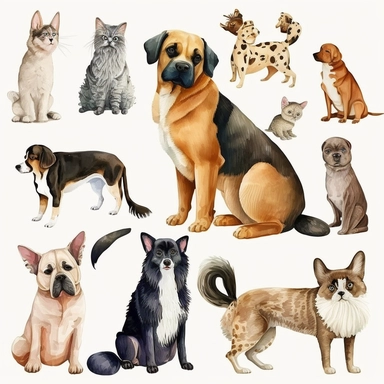 Design a Mega Dog and Cat Clipart Bundle with Watercolor Illustrations showcasing different breeds of cats and dogs. The illustrations should depict the back view of the animals sitting in a relaxed posture. The bundle should have a total of 600 images and should cater to pet lovers of all ages. The watercolor style should be vibrant, with a blend of colors and should be appealing to the eyes. Ensure that the illustrations are detailed, and each breed should be identifiable at a glance