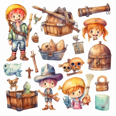 Watercolor pirates cute illustrations clipart set, simple, soft colors, cartoon elements, different variants, cute little pirate boy and girl pirate ship, pirate treasure chest, daggers, swords, pirate glag, skulls, billybones,, wooden elements, loot,, separate elements with a margin