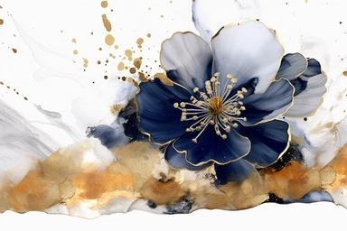 beautiful gorgeous alcohol ink of gold serene nature scene with a central focus on a navy flower. gentle wave , minimalist style, crystals, glam, glossy, glitter texture, liquid ink clipart, modern and stylish design, bright colors, 300 dpi, clear decoration, clear white background, highly detailed digital art, 8k