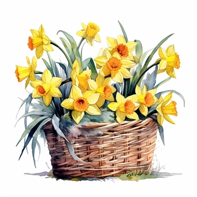 a watercolor basket filled with daffodils with leaves, clipart, white background, high detail, bold color, hd, 32k